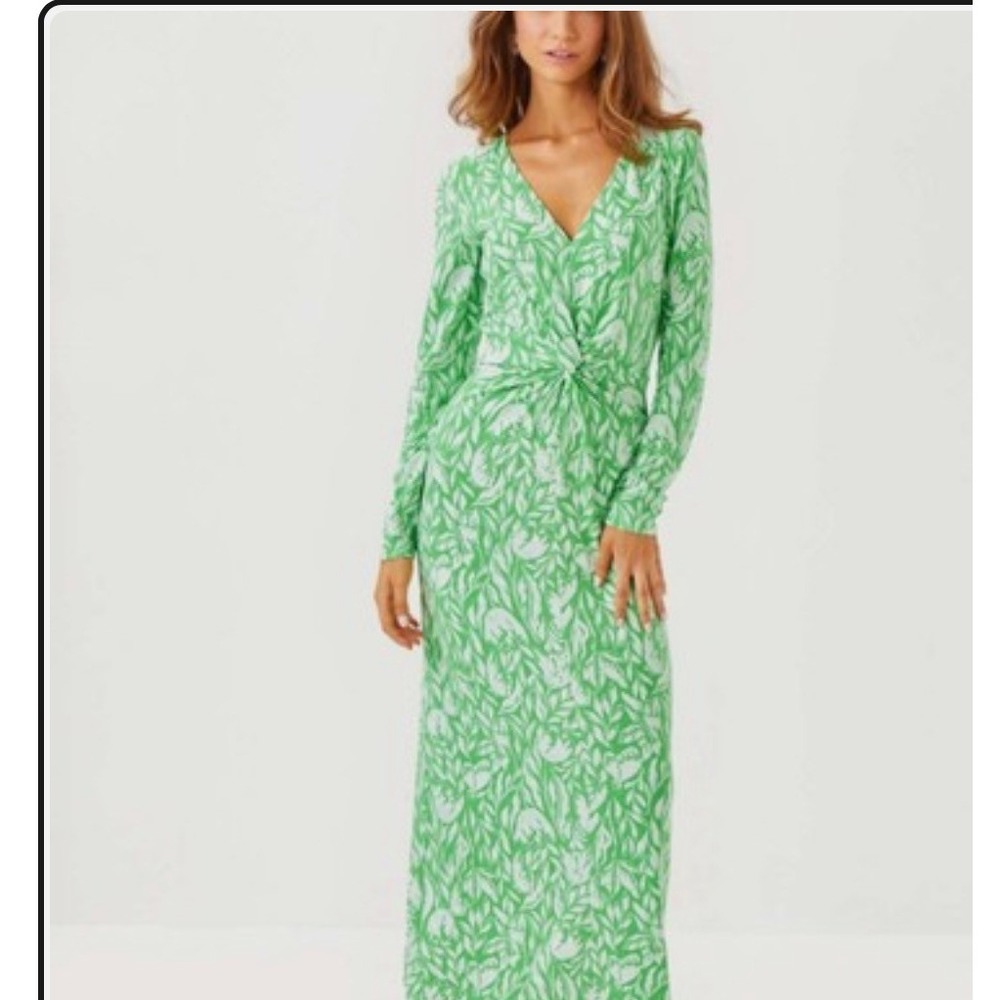 Lilly Pulitzer Tilli Maxi Dress Fauna Green Tulip to Tango Floral V-Neck 12 NEW